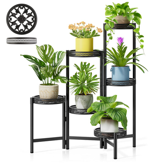 NQW 6 Tier Metal Plant Stand Indoor Outdoor, Corner Tall Plant Shelf for Multiple Plants, Foldable Heavy Duty Plant Holder, Decoration Flower Stand for Living Room Balcony Patio Garden- BlackWave