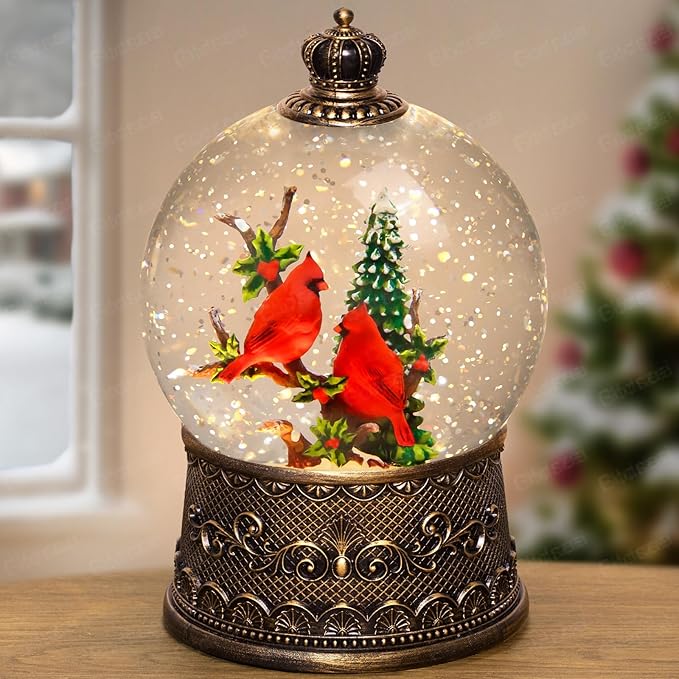 Cardinal Snow Globe Christmas Snow Globes Lantern, Lighted Christmas Decorations Indoor for Home with Music Timer Swirling Glitter, Light Up Musical Cardinals Decor, USB or Battery Operated