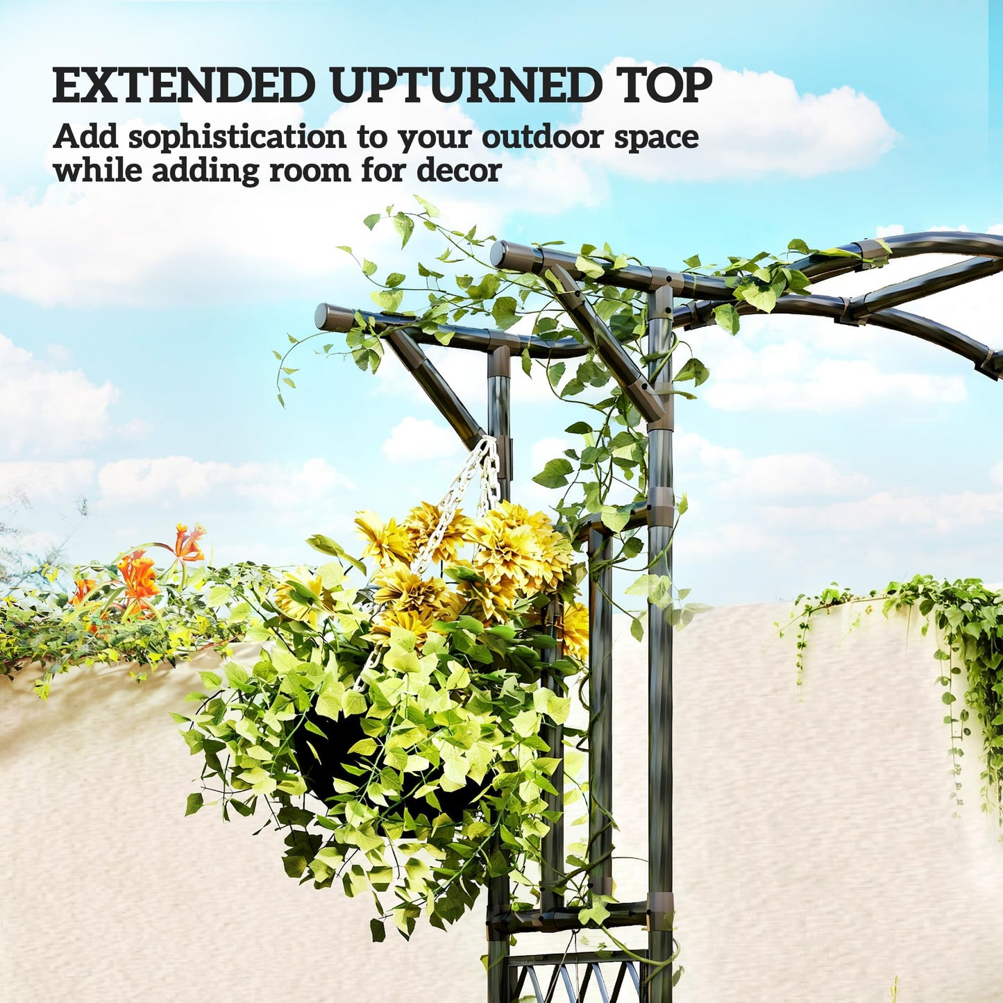 Outsunny Garden Arch, 7.5ft PE-Coated Steel Garden Arch Trellis for Climbing Plants, Arbour Archway with Extended Top for Wedding Ceremony Backyard Lawn Patio, Black