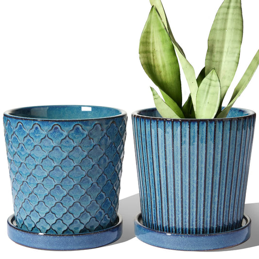LE TAUCI Ceramic Pots for Plants, 5.5 Inch Plant Pots with Drainage Hole and Saucer, Indoor Plant Pots for Succulent, Snake Plants and Cactus, Flower Pots, Set of 2, Reactive Glaze Blue