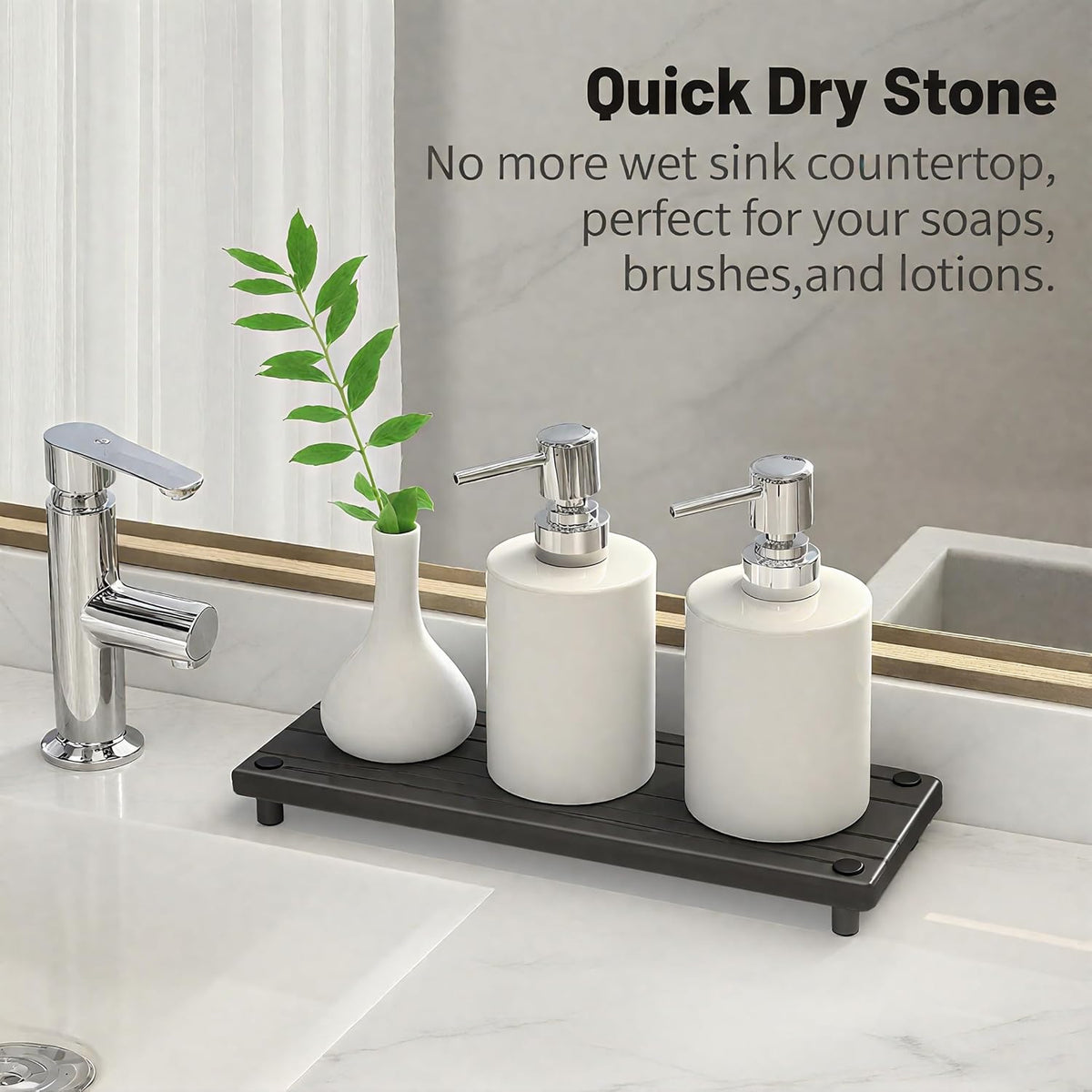 Skiennix Quick Dry Sink Caddy - Water Absorbing Stone Tray & Faucet Mat | Kitchen & Bathroom Organizer