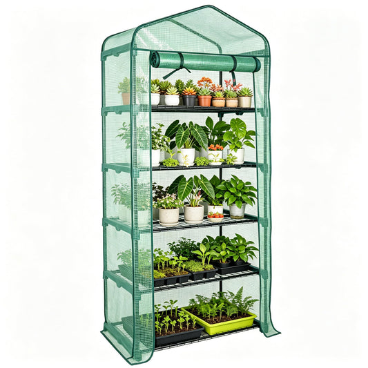 Worth Garden 5 Tier Mini Greenhouse - 75'' H x 27'' L x 19'' W - Sturdy Portable Gardening Shelves with Durable PE Cover w/ Roll-Up Zipper Door- Small Green House Indoor & Outdoor for Plants Flowers