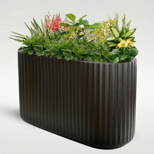 Wil & Vic 89s 15" H x 24" L Sirius Fiberglass Planter, Round Indoor and Outdoor Plant Pot with Drainage Hole, Lightweight, Durable Minimalist Home, Included Extra Coco Mats, Black