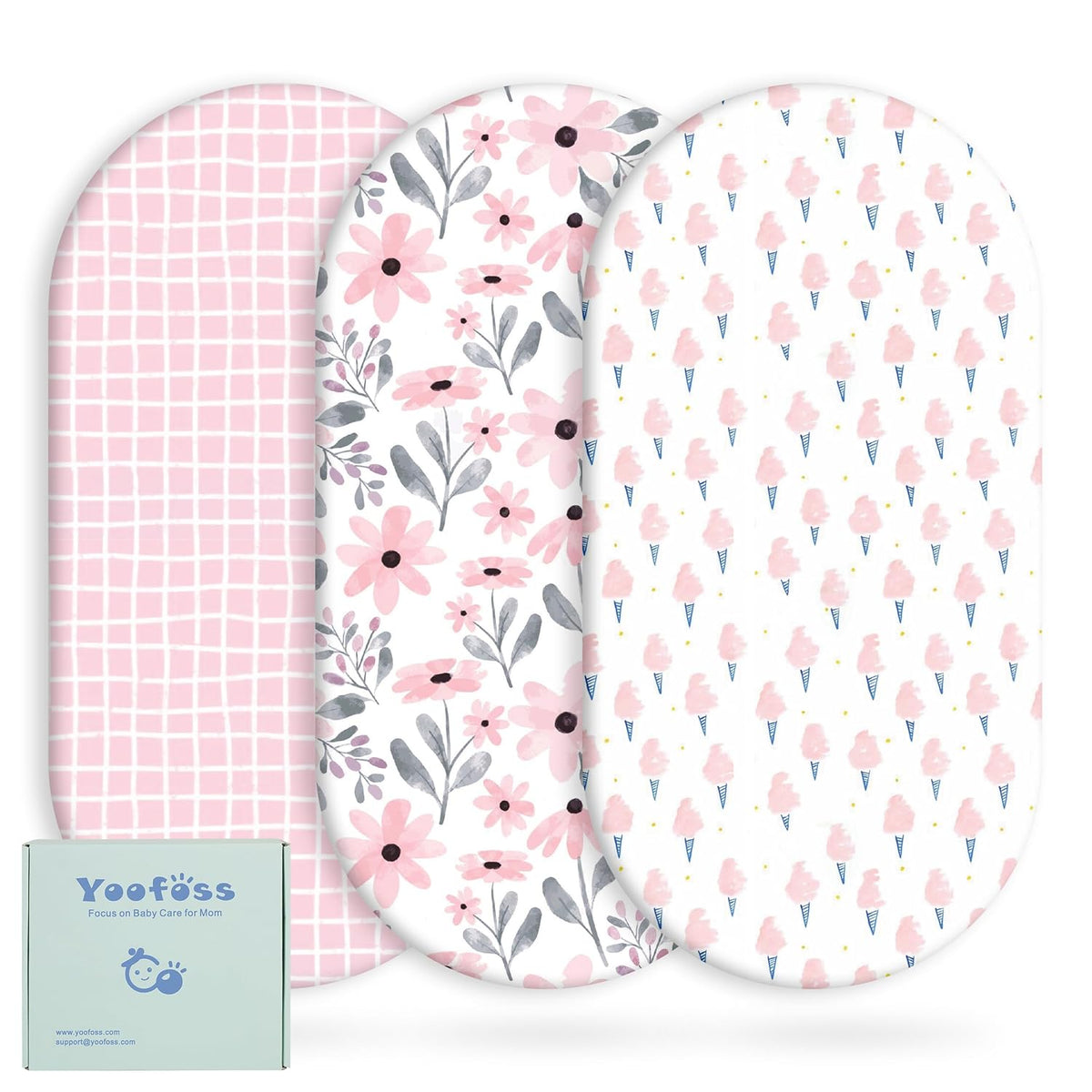 Yoofoss Bassinet Sheets - 3-Pack Fitted Set for Halo & Baby Delight | Soft, Breathable Pink & Floral Designs
