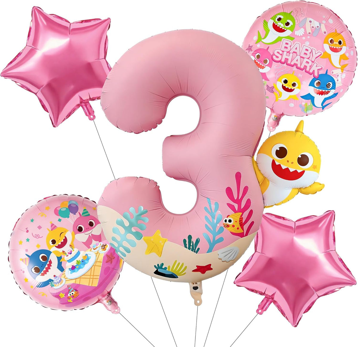 PartyWoo Baby Shark Pink Foil Number 3 Balloon - 5pcs 18-Inch Mylar Helium Birthday Decorations for Kids