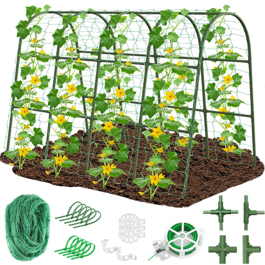 Cludoo Cucumber Trellis for Raised Bed Garden, U-Shape Arch Trellis for Climbing Plants Outdoor, Metal Vegetables Trellis with Netting, Garden Trellis for Cucumber Plants Sweet Pea Bean Grape