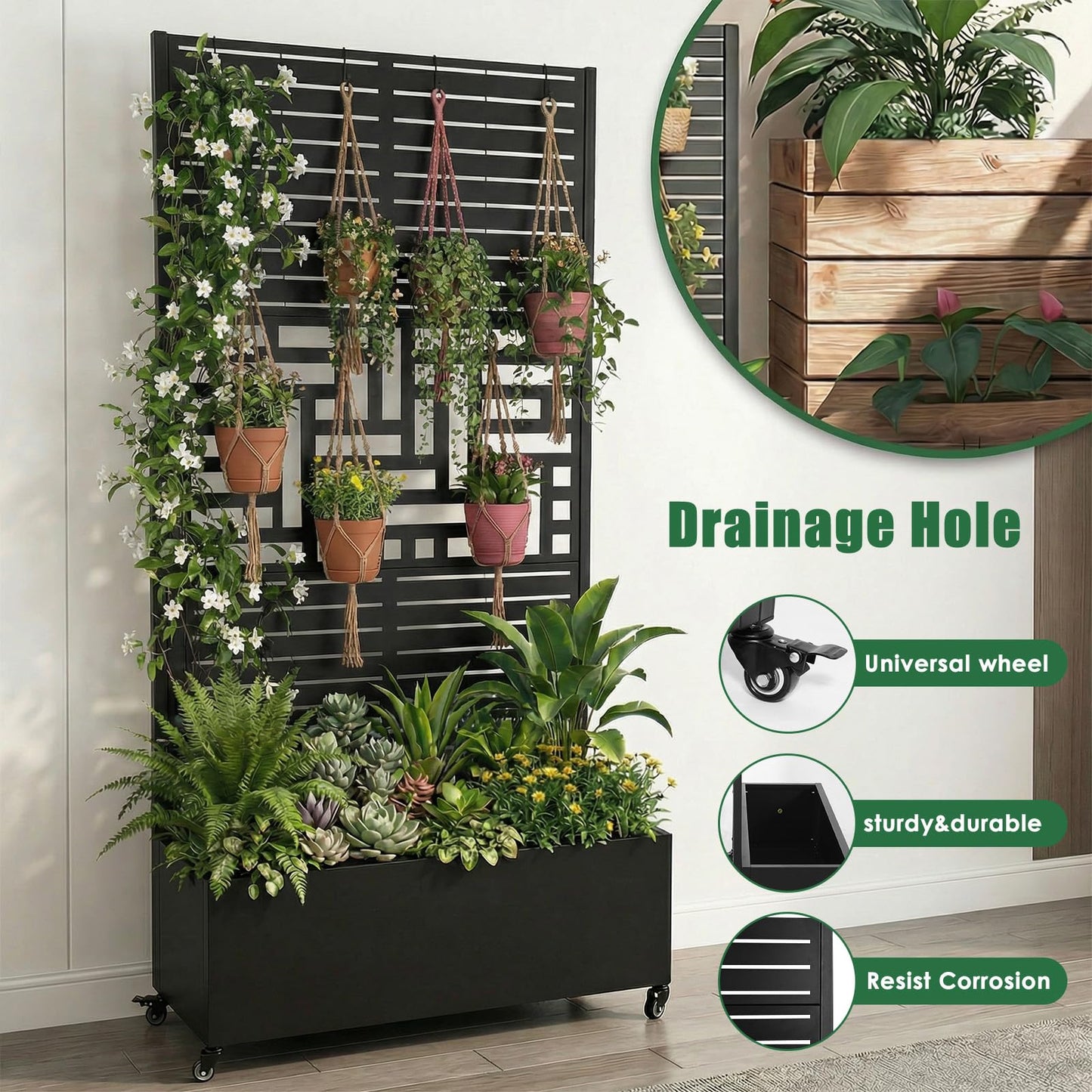 Metal Planter Box with Trellis Standing Planter Box for Climbing Plants/Vines Raised Garden Bed On Wheels 70.87x35.43x15.75 Inch