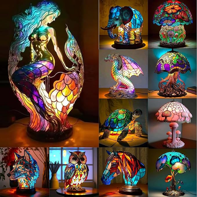 Animal Table Lamp Series, Vintage Animal Night Light Home Decor, Bohemian Retro Stained Animal Table Lamp, for Bedroom Decoration, Party Decor, Birthday Gift for Animal Lovers, Friends 5.91in