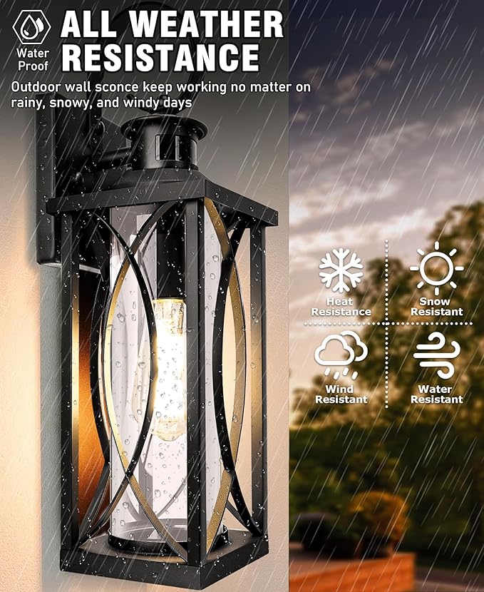 DBF Motion Sensor Outdoor Lights Wall Mount, Dusk to Dawn Exterior Light Fixture, Anti-Rust Waterproof Outside Porch Lights with Glass & E26 Socket Wall Sconce for House Garage Patio Doorway, Black