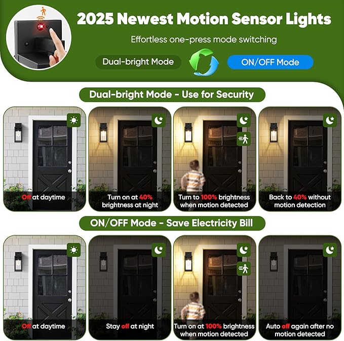 BesLowe 13" Upgraded Motion Sensor Outdoor Wall Lights, 2-Pack Dusk to Dawn Porch Light Outdoor Wall Sconce Lanterns, 3 Lighting Modes Exterior Lighting Fixtures, Black Outside Lights for House Garage
