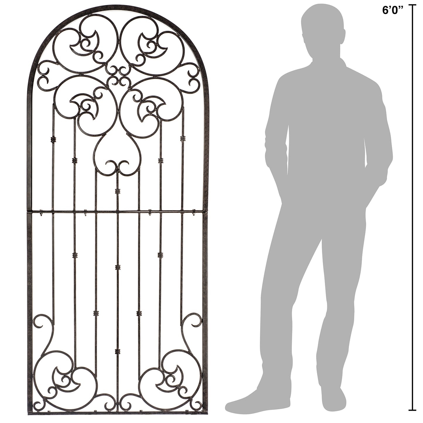 H Potter 72” Heavy Duty Garden Trellis – 60 lb Solid Iron Scrollwork Panel, 1” Metal Frame with Ground & Stabilizing Stakes (Charcoal Brown)