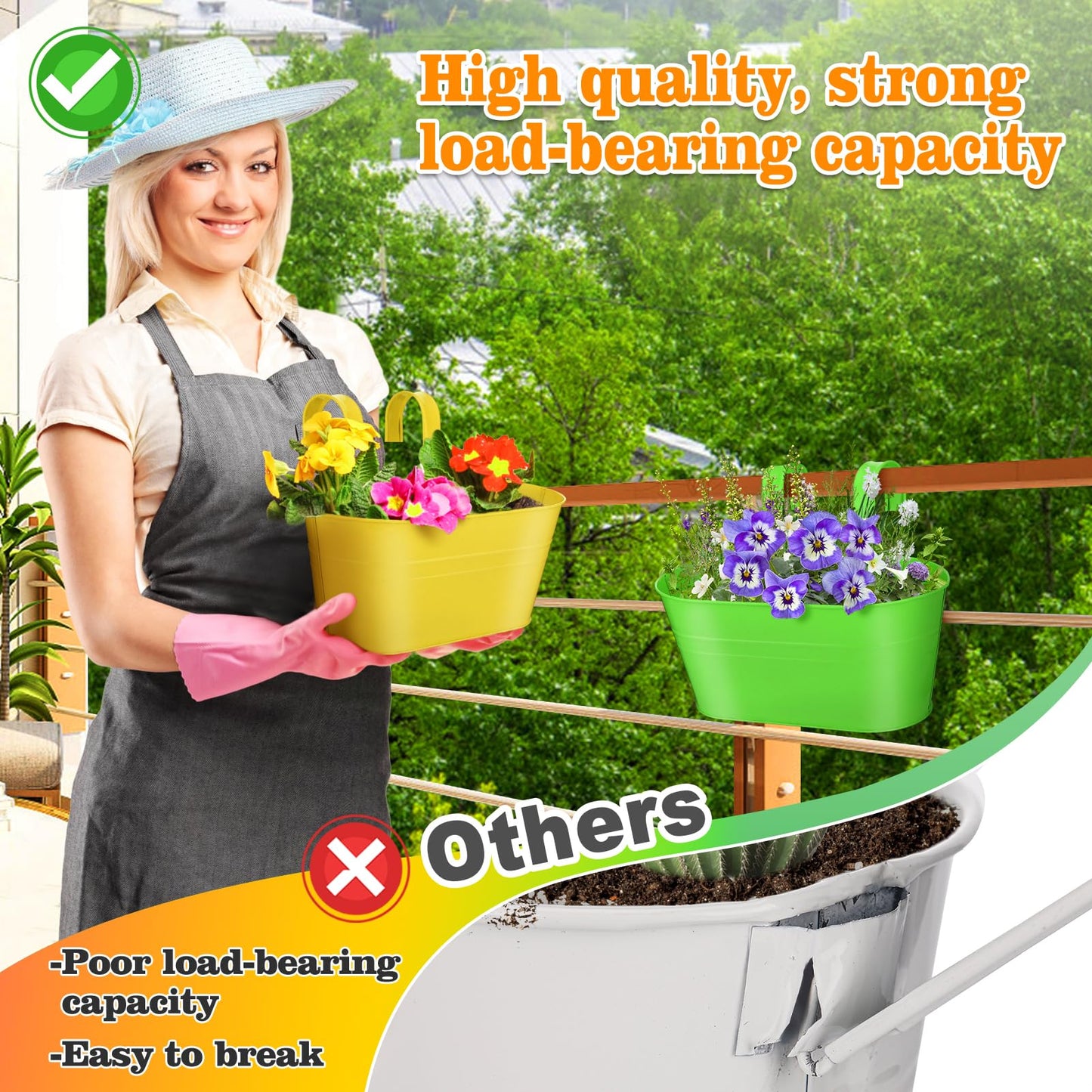 MADHOLLY Railing Planter with Drainage Holes - Sturdy Bucket Pots for Railing Fence, Countryside Style Metal Flower Pots for Herbs Balcony Garden Yard Decor, 4Pcs, Colorful