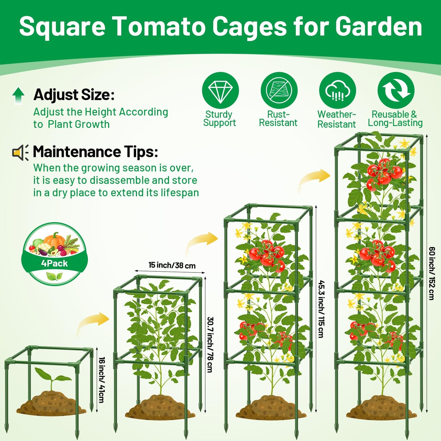 Legigo 4 Pack Square Tomato Cages- 60 Inch Heavy Duty Tomato Trellis for Climbing Plants Outdoor, Tomato Plant Support Stakes Cage Garden Trellis for Garden Raised Garden Bed Cucumbers Vegetables