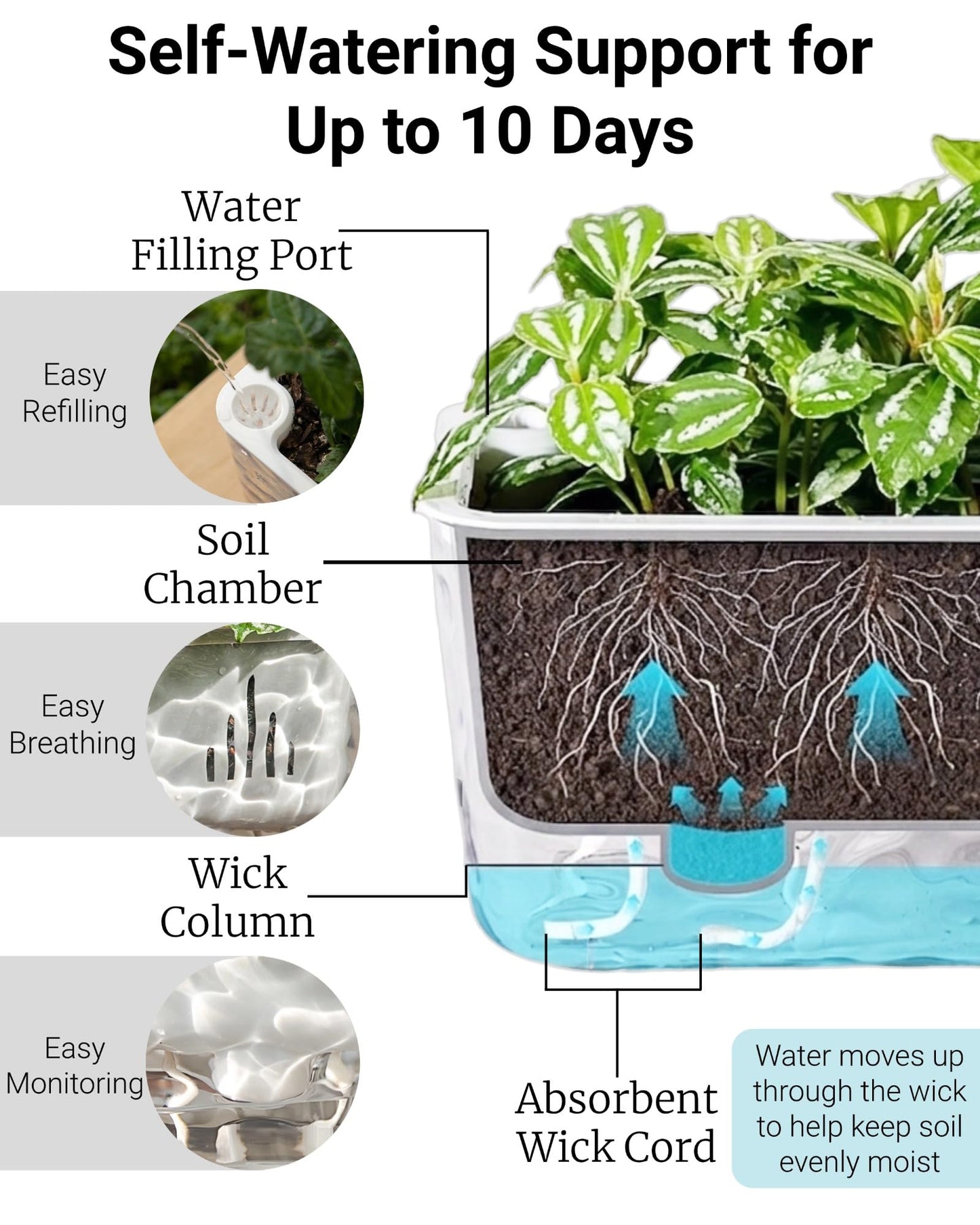 11 Inch Self Watering Plant Pots for Indoor Plants, 4 Packs rectangle planter with Drainage Tray and Rope, Window Boxes Planters for Indoor Outdoor Garden Plants, African Violet, Herbs, Succulents