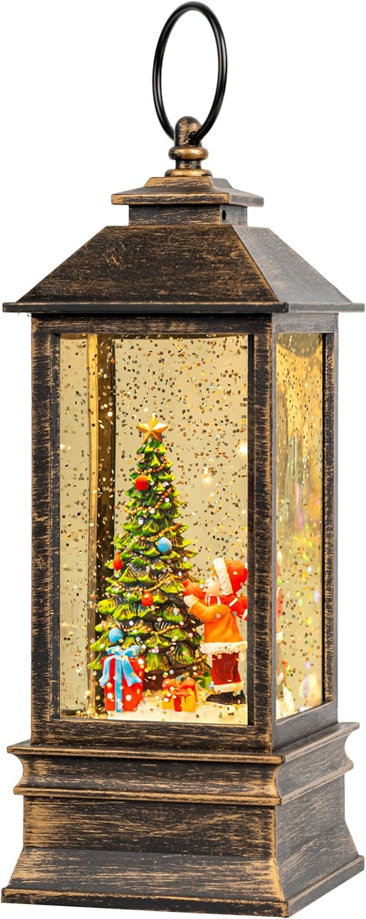 Skiennix 10'' Musical Snow Globe Lantern - Lighted Water Decoration with Swirling Glitter | Battery or USB Powered for Christmas Home Decor