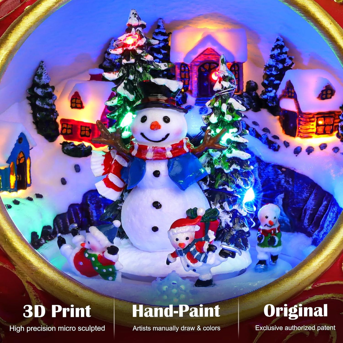 Priddop Animated Christmas Village Scene - Rotating Snowman with LED Lights & Music | USB/Battery Operated Collectible Figurines