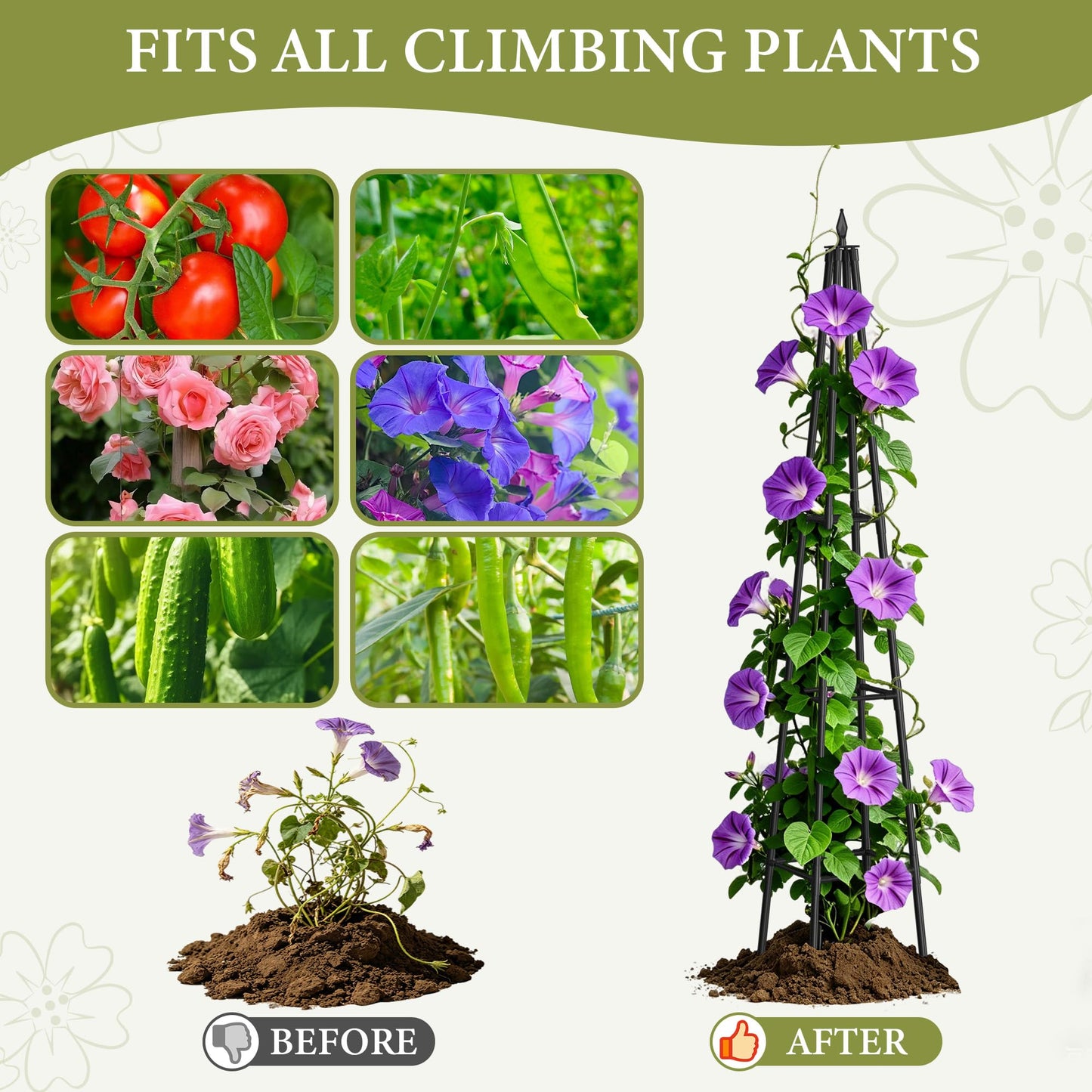 Obelisk Trellis for Climbing Plants Outdoor,6 Ft Garden Trellis for Potted Plants, Metal Trellis with Anti-Rust Coated for Potted Plants Indoor, Plant Support for Vegetables, Vines