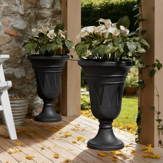Diyfire Tall Urn Planters for Outdoor Plants Set of 2-23.6" H Vintage Trophy Design Outdoor Planters for Porch Decor with Drainage Hole, Indoor Large Flower Pots, Pedestal Planter/Garden Vase, Black