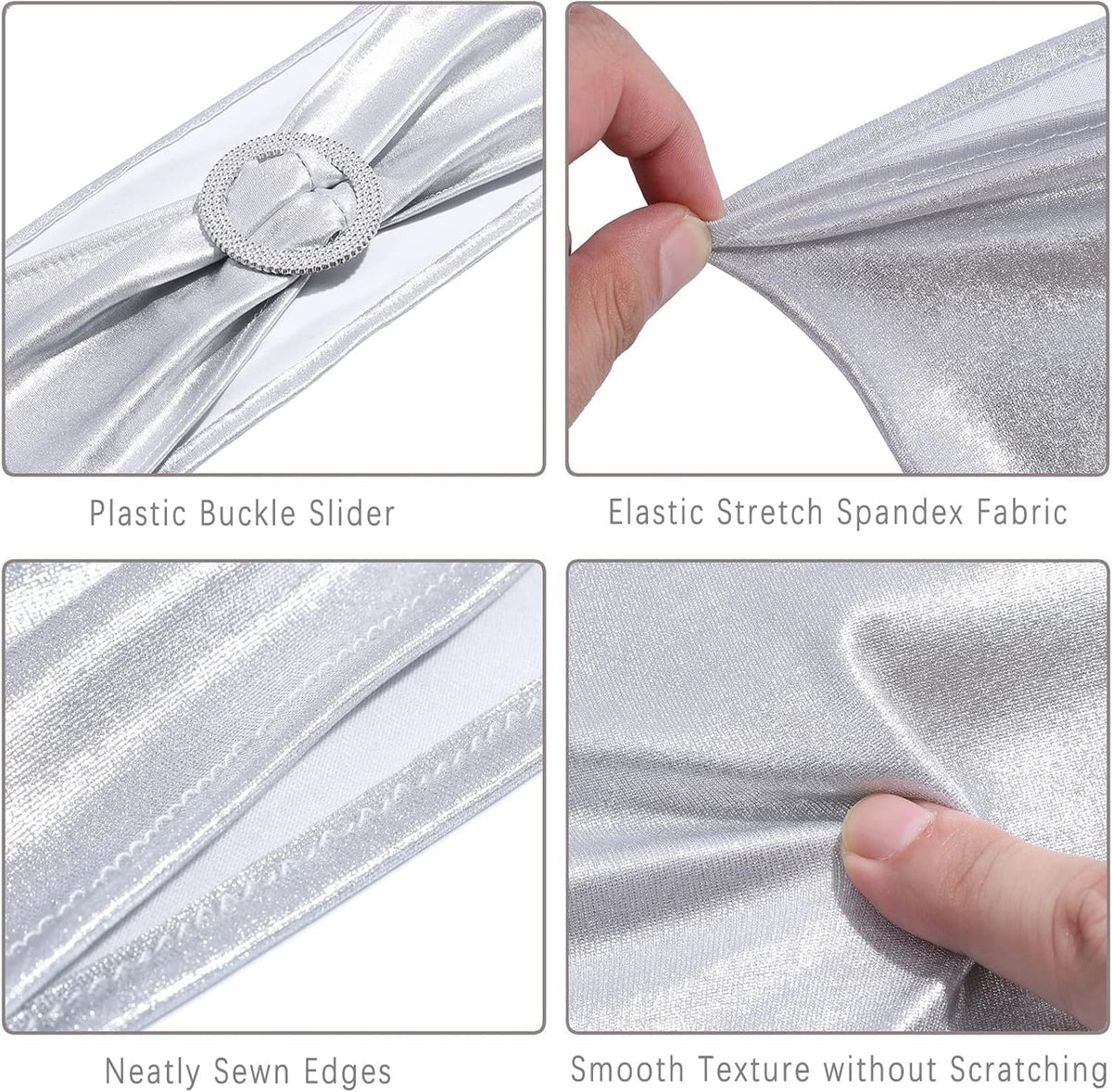 MDS Spandex Foil Chair Sashes - Universal Fit Elastic Stretch Bands with Buckle for Weddings | Metallic Silver, Pack of 150
