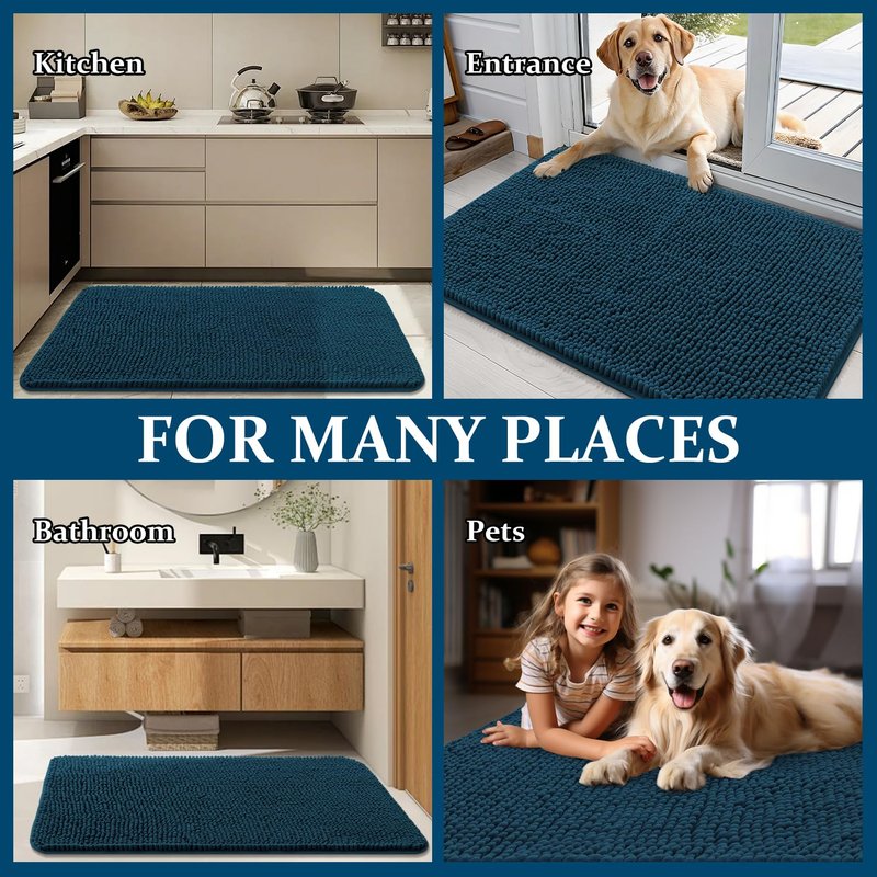 OLANLY Dog Door Mat for Muddy Paws 54x24, Absorbs Moisture and Dirt, Absorbent Non-Slip Washable Doormat, Quick Dry Chenille Mud Mat, Entry Indoor Entryway Carpet for Inside Floor, Atlantic Blue