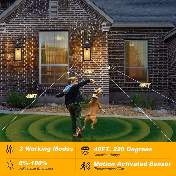 Motion Sensor Outdoor Wall Lights 2 Pack, Black Dusk to Dawn Light Fixtures Wall Mount, 16" Exterior Wall Sconces Waterproof, Large Outside Lamps for House, Modern Porch Lanterns 3 Modes