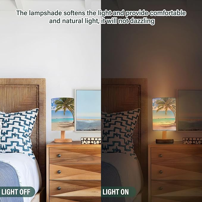 Table Lamp Summer Palm Tree Sunny Ocean Tropical Beach White Sand Nightstand Lamp with Wood Base Fabric Lamp Shade Bedside Desk Lamp for Living Room Bedroom Kids Room Office