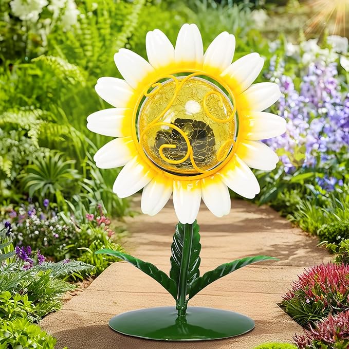 MUMTOP Solar Lanterns Outdoor - Sunflower Solar Lights Decorative, Tabletop Lantern Lamp Ornaments with Cracked Glass for Yard Patio Garden Outside Decorations