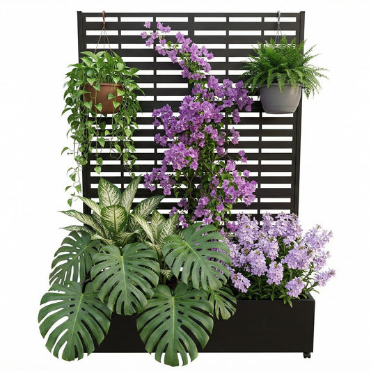 Garvee Metal Planter Box with Trellis, 71.5"x47"x16" Raised Garden Beds with Trellis and Wheels for Climbing Plants Vegetables, Privacy Screen Planter Box with Drainage Holes for Patio Balcony, Black