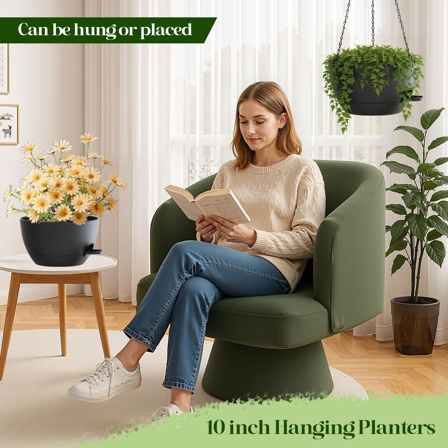 zople 2 Pack 10 Inch Self Watering Hanging Planters for Indoor Plants, Large Black Plastic Hanging Pots with Chains for Outdoor Patio Garden Home Decor (Black)