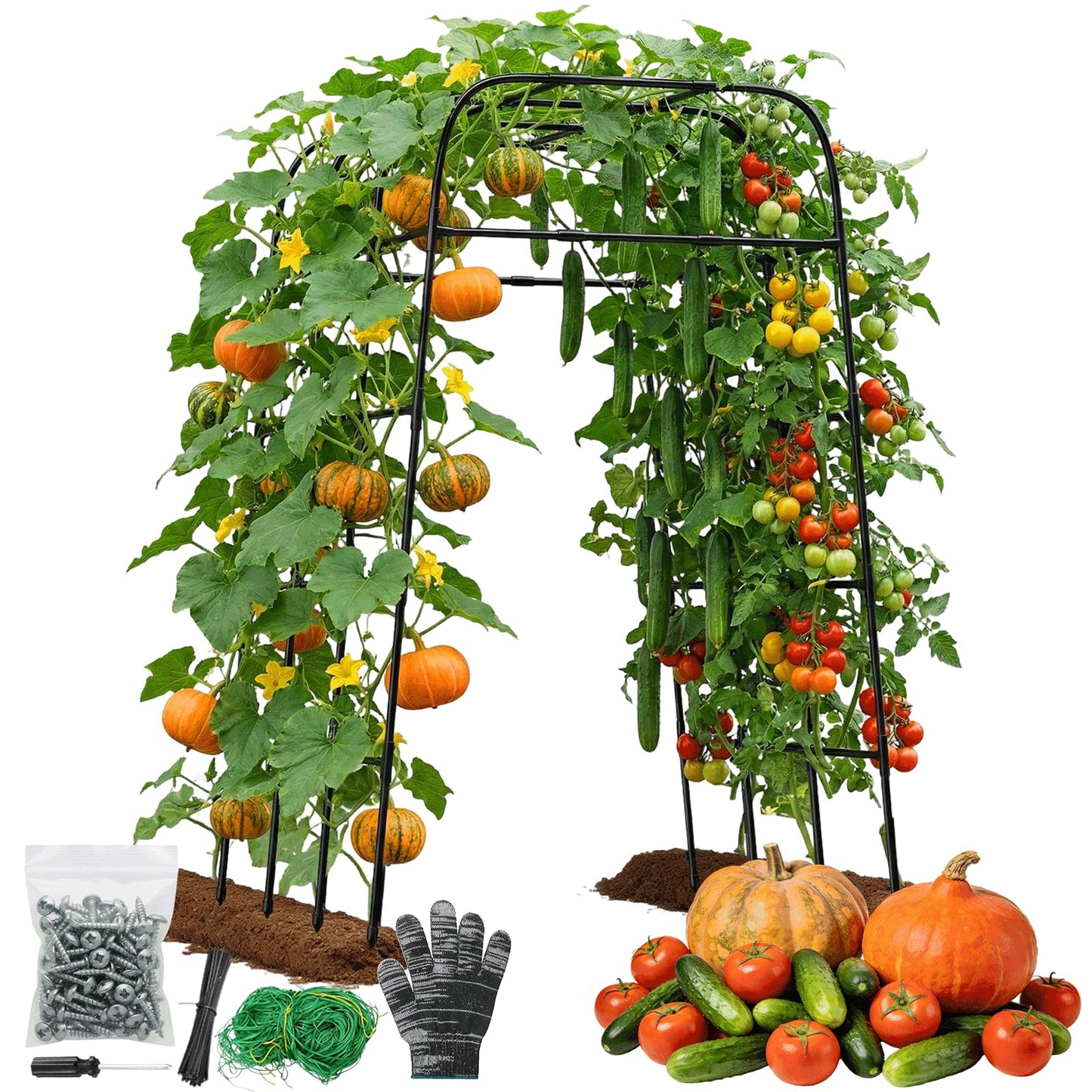 Garden Arch Trellis for Climbing Plants (83" H x 57" L), Metal Cucumber & Tomato Cage, Rustproof Walk-Through Tunnel Support for Pumpkin, Squash, Melon & Rose