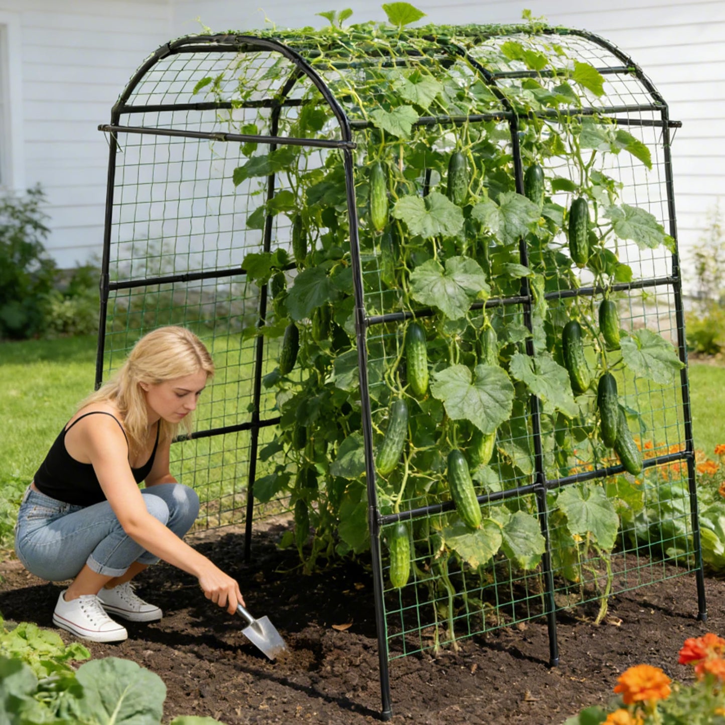 Miory Garden Arch Trellis for Climbing Plants Outdoor, Cucumber Trellis for Raised Bed, Steel with UV-Resistant PE Coated Plants Support Trellis (71 x 83 Inch)
