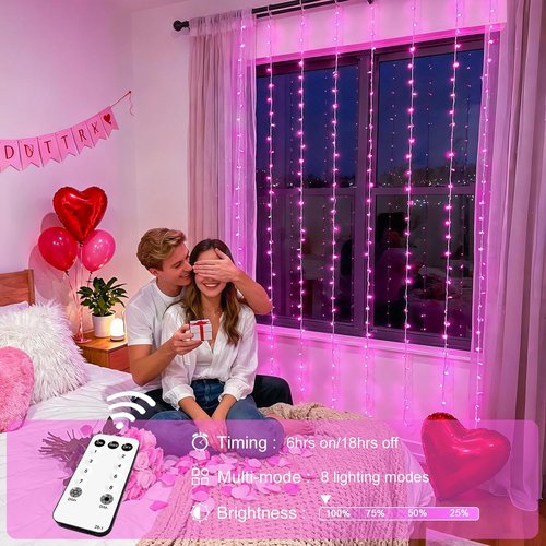 JMEXSUSS 300 LED Curtain Lights - Remote-Controlled Pink String Lights for Bedroom & Party | 9.8x9.8ft Indoor/Outdoor Decor