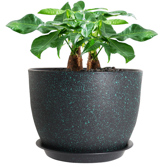 UOUZ 12inch Large Plant Pot, Modern Plastic Planter with High Driange Holes and Saucer for Indoor Outdoor Garden Plants and Flowers, Black with Green Speckles
