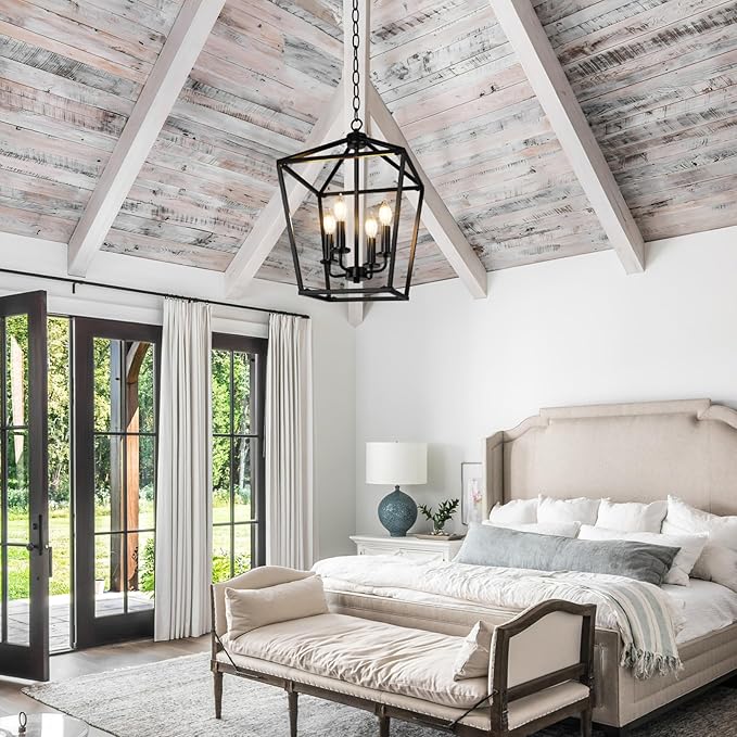 BrightHome Farmhouse Chandelier 4-Light, Black Pendant Light Fixture for Kitchen Island Dining Room, Lantern Industrial Lighting Ceiling Hanging with Metal Cage Adjustable Height for Entryway Foyer