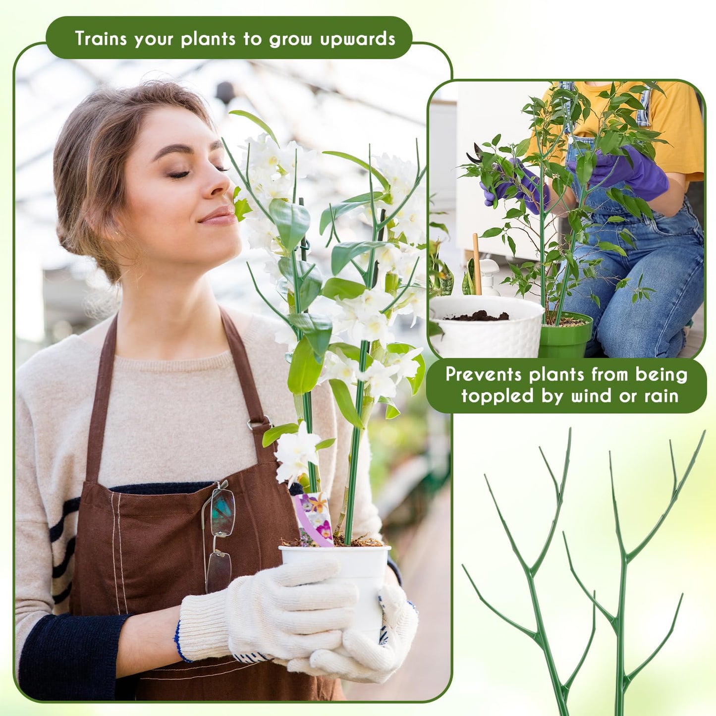 Cinnvoice 12 Pack 39.37" Stackable Plant Support Stakes Plant Support for Indoor Outdoor Green Twig Plant Sticks with Extension Poles Plastic Branch Trellis for Climbing Potted Flower Monstera