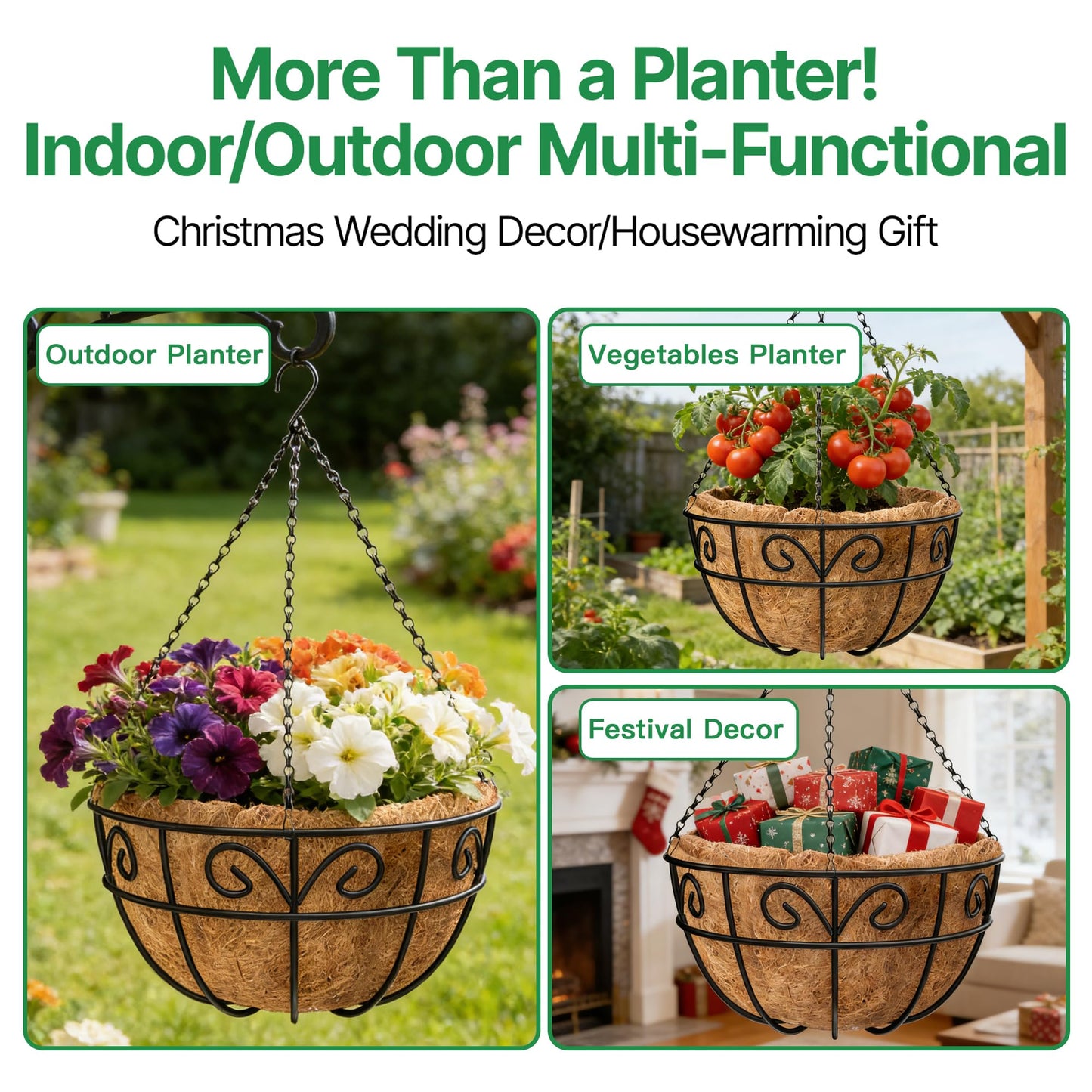 Amagabeli 4 Pack 14 Inch Metal Hanging Baskets Planter Outdoor Round Wire Hanging Basket for Plants with Coco Fiber Liners Chain Plant Holder for Garden Patio Deck Porch Plants Vegetables Flower Pots