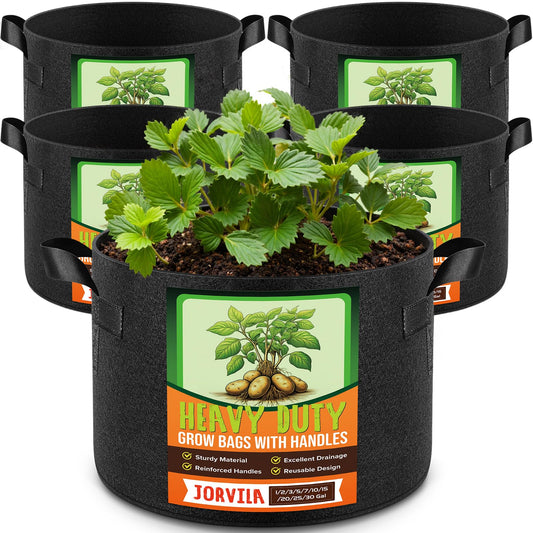 Jorvila 5 Pack 15 Gallon Grow Bags, Thickened Nonwoven Fabric Planter Pots with Handles, Heavy Duty 300G Garden Pots for Tomato, Potato and Vegetable