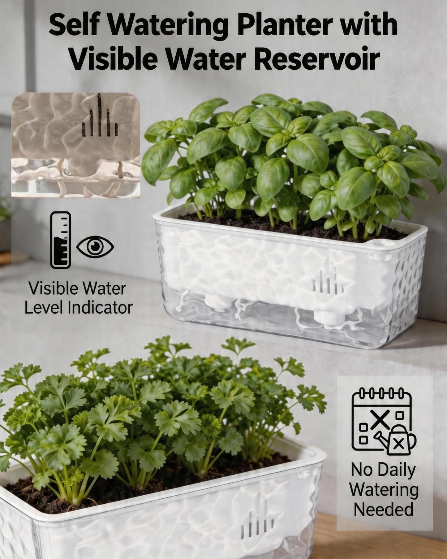 11 Inch Self Watering Plant Pots for Indoor Plants, 4 Packs rectangle planter with Drainage Tray and Rope, Window Boxes Planters for Indoor Outdoor Garden Plants, African Violet, Herbs, Succulents