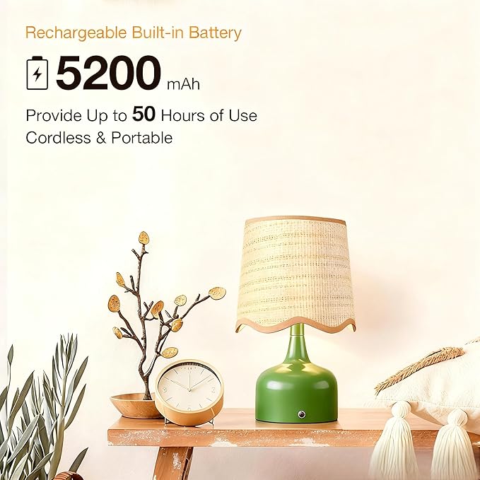 Cordless Boho Table Lamp Green, Scalloped Wicker Shade, 5200-mAh Rechargeable Battery, 3-Way Dimmable, Build-in Integrated LED 320 Lumen Max, for Bedside Living Room