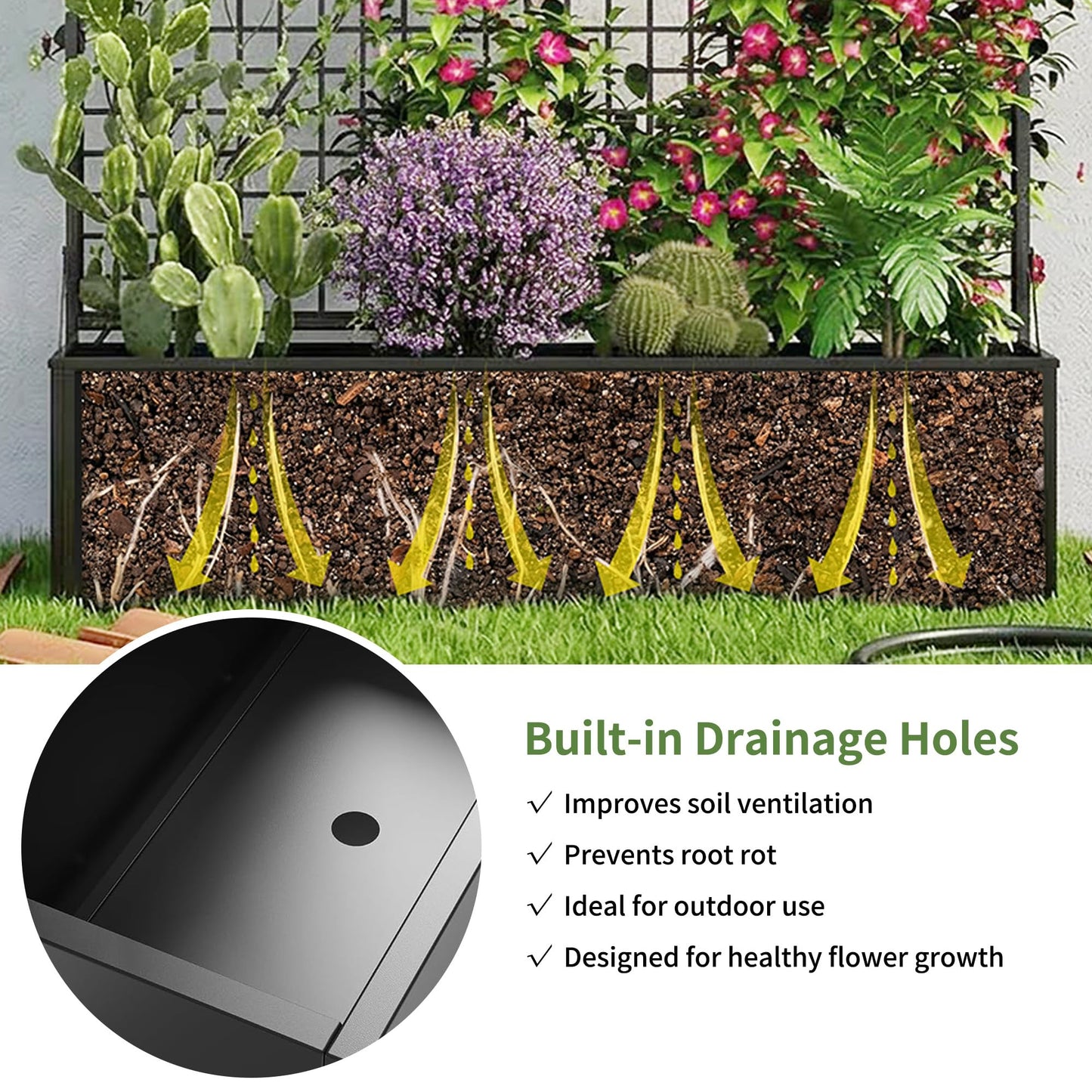 Privacy Planters for Patio – Metal Raised Garden Bed with Trellis and Privacy Screen, 71"×47.2"×16" Planter Box with Drainage Holes for Climbing Plants, Vegetables, and Vines, Outdoor Backyard Black