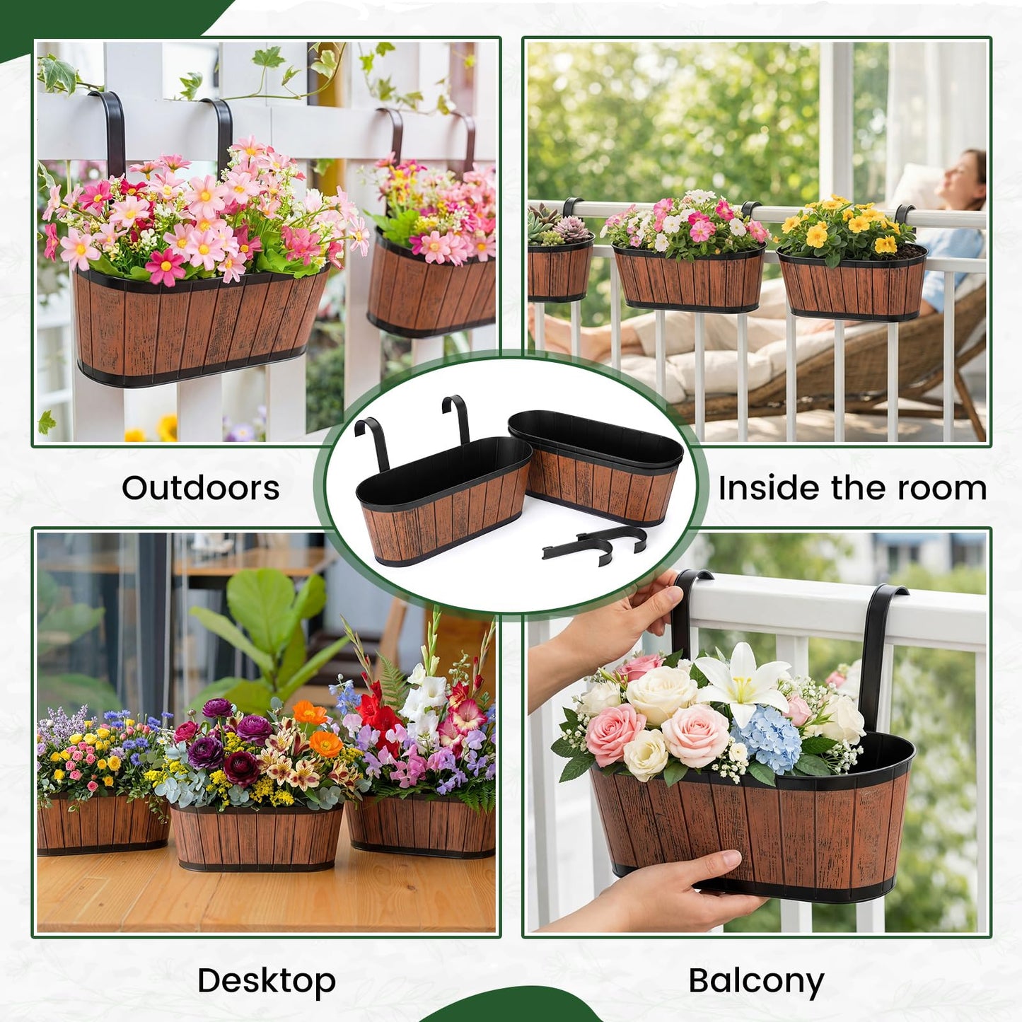 Ferrochef 5 Pcs 16 Inch Metal Hanging Flower Pots for Railing Fence Balcony Railing Planters Countryside Style Window Flower Plant Holder with Detachable Hooks for Garden Yard Fence Home Decor