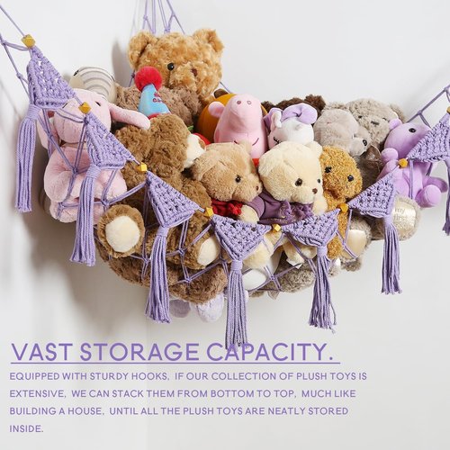Amdermi Boho Nursery Stuffed Animal Net or Hammock Plush Toy Storage Net Kid's Playroom Hanging Organizer Stuffed Animal Display Plushes Holder for Teddy Net Corner Hanging Net Purple