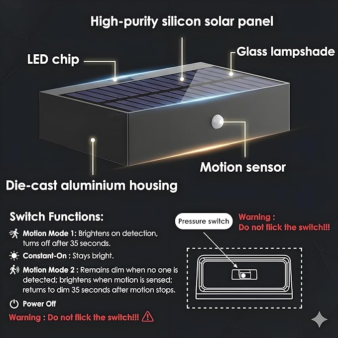 Solar Wall Lights Outdoor, 3 Mode Motion Sensor Dusk to Dawn Solar Outdoor Sconce Waterproof, Remote, Aluminum & Glass, for Outside House Porch, 4400 mAh