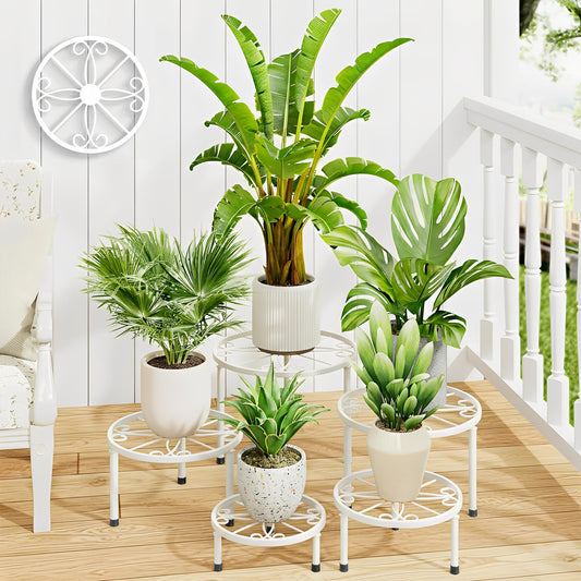 NQW 5 Pack Plant Stand Indoor Outdoor,Heavy Duty Black Iron Potted Stand Holder,Anti-Rust Iron Flower Pot Stand Decoration Racks Plant Display Shelf for Living Room, Garden, Balcony(WhiteS)