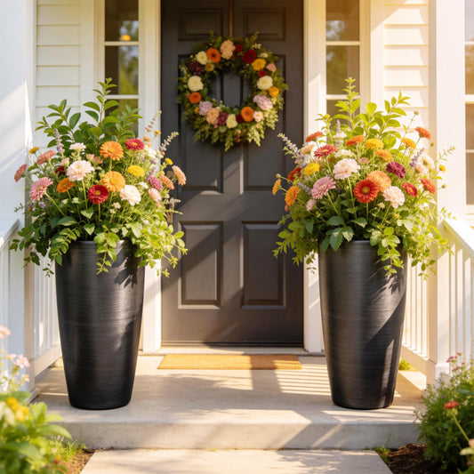 Autodaya 22.8" Tall Planters Set of 2, High-Density Resin Brushed Outdoor Pots for Plants, Versatile Indoor/Outdoor Flower Pots w/Drainage Hole for Patio Garden Porch & Living Room Decor, Ideal Gift