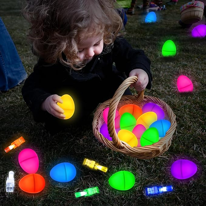 24 Prefilled Easter Eggs with Finger Lights Egg Fillers, Easter Basket Stuffers Gifts for Toddler Kids Teens Plastic Glow In The Dark Easter Eggs Filled Toys for Kids Boys Girls Party Favors Egg Hunt