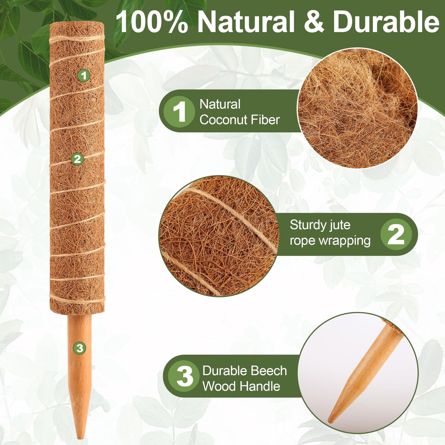 48 Inch Monstera Plant Support, 4 Pack 16 inch Moss Pole for Monstera & Climbing Plants Coco Coir Plant Support, Plant Ties Included