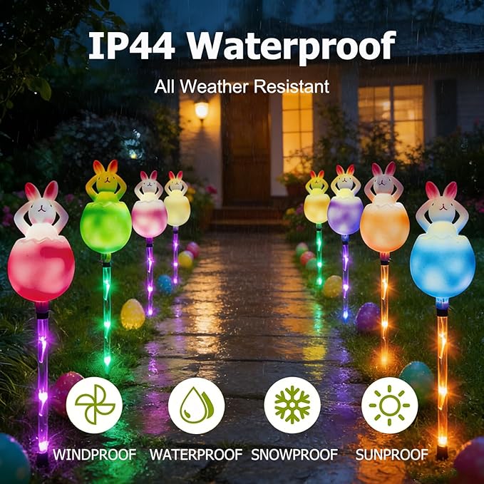 AVEKI 6 Pcs Easter Bunny Solar Pathway Lights Outdoor, Stake Lights with 8 Lighting Modes, Waterproof Outdoor Garden Lights for Easter Decorations Yard Pathway (Bunny)