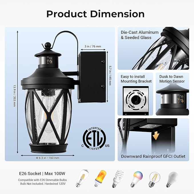 Motion Sensor Porch Light with Outlet, Outdoor Wall Light Fixtures with GFCI Outlet, Outdoor Sconces Wall Lighting with Seeded Glass, Waterproof Exterior Garage Lantern for Coach, Patio,Balcony