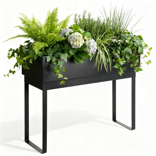 WORTH Raised Metal Planter Box with Legs, 28" Elevated Garden Bed for Indoor & Outdoor Use – Matte Black Galvanized Steel Planter with Inner Shelf, Drainage Hole & Plug for Vegetables, Flowers & Herbs